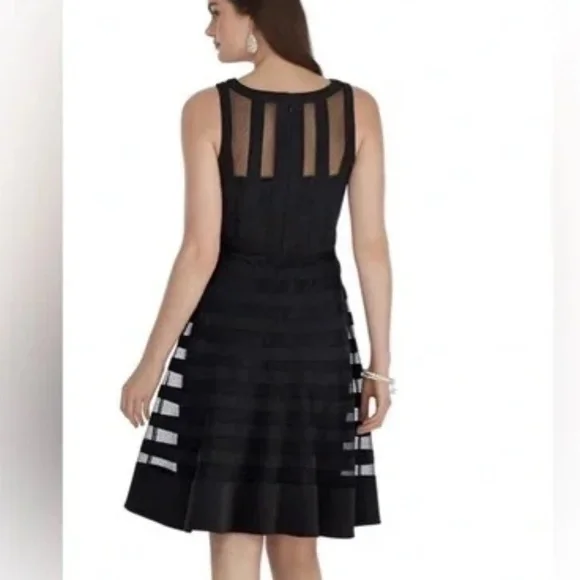 Sleeveless Banded Cocktail Dress Shape Midi Polka Dot Mesh, Black, SZ 00 - Picture 3 of 8